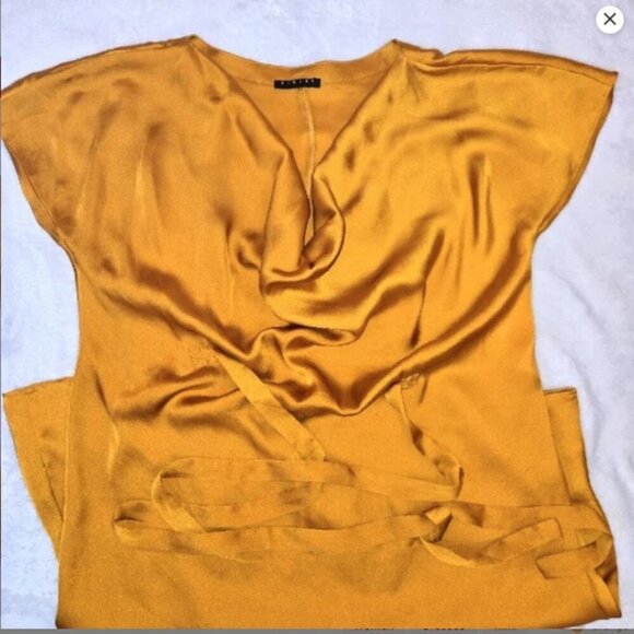 Sisley satin dress gold with ruffled neckline. Comes With Slip dress, size S - Picture 3 of 12